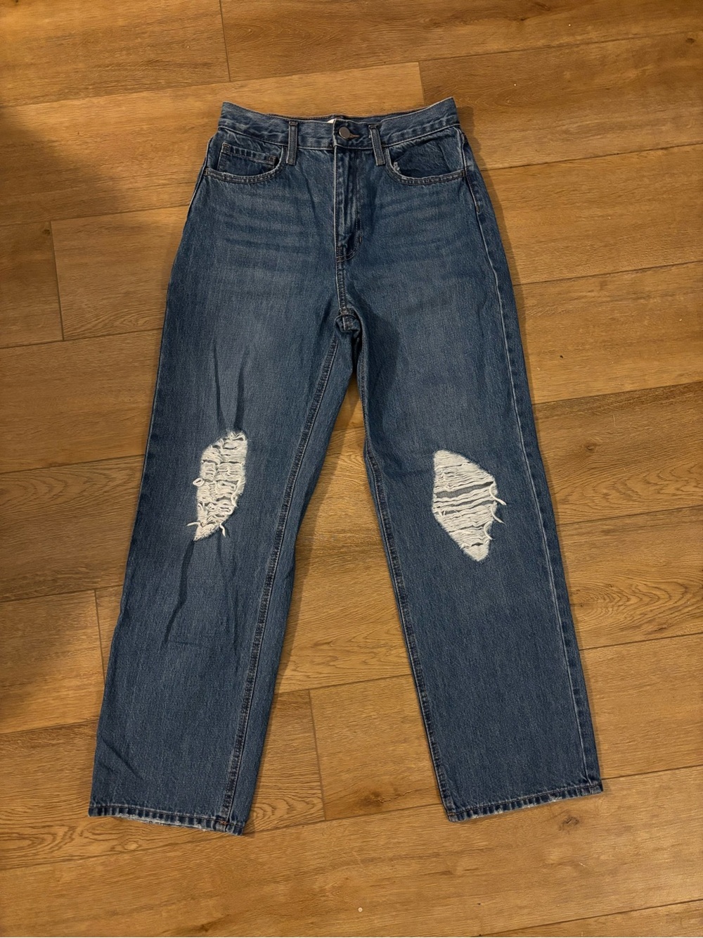 Oak + Fort Distressed Blue Denim Jeans - Classic Straight Fit